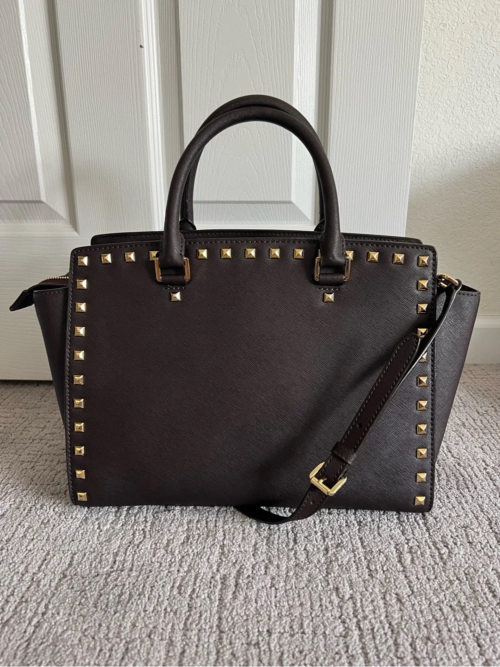 Michael Kors Dark Brown Saffiano Studded Tote with Gold Hardware